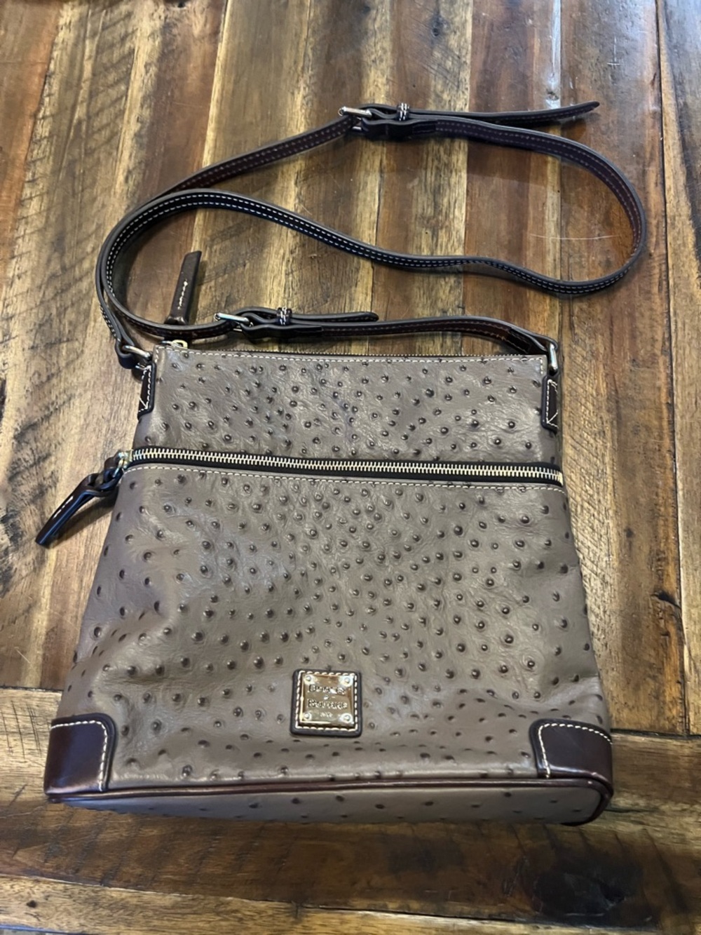 Dooney & Bourke Ostrich Leather Letter Carrier Crossbody Oyster Gray